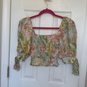 Express Floral Smocked Blouse with Puff Sleeves